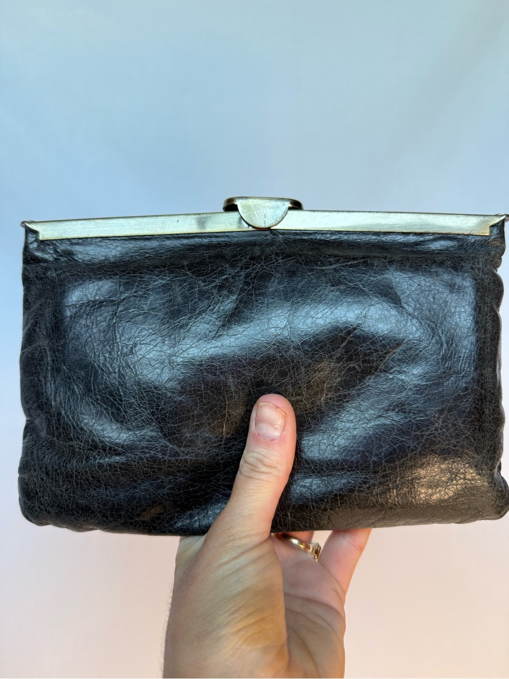 Hobo International Black Distressed Leather Kiss Lock Clutch Purse Wallet